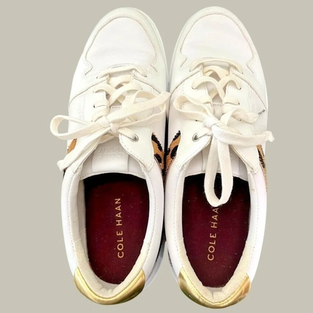 Cole Haan Grand Crosscourt White Leather Leopard Calf Hair Sneakers 7B